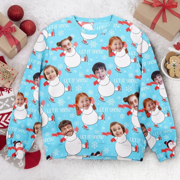 Let It Snow Custom Face Christmas Family Snowman, Personalized Photo Ugly Sweater For Family