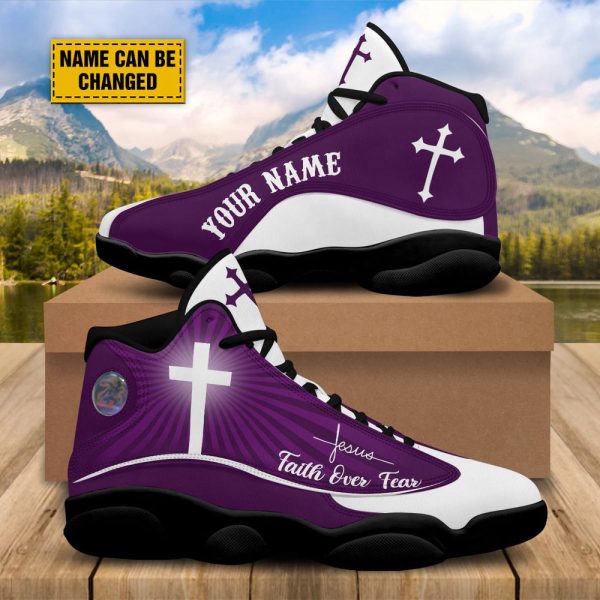 Faith Over Fear Personalized Purple Jesus Basketball Shoes, Unisex Basketball Shoes For Men Women