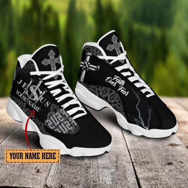 Christian Shoes, Jesus Faith Over Fear Black Pattern Custom Name Basketball Shoes For Jesus Lovers
