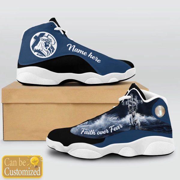 Christian Shoes, Jesus Faith Over Fear Custom Name Blue Basketball Shoes For Jesus Lovers