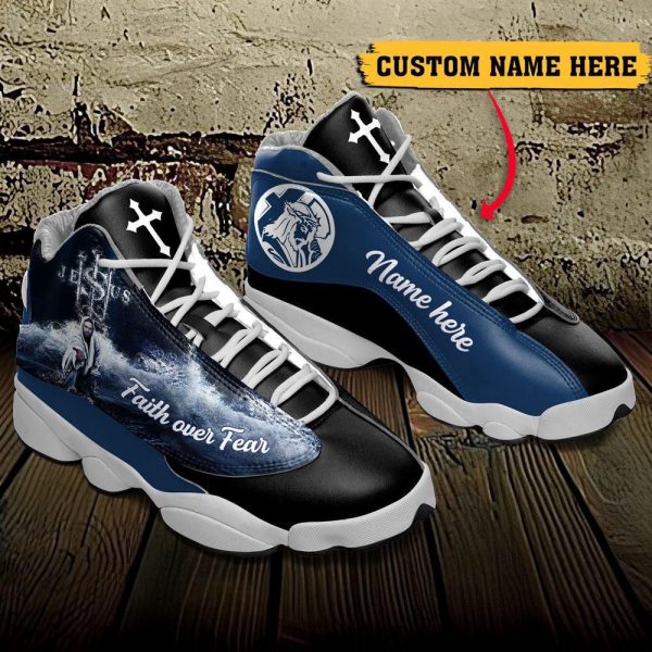 Christian Shoes, Jesus Faith Over Fear Custom Name Blue Basketball Shoes For Jesus Lovers