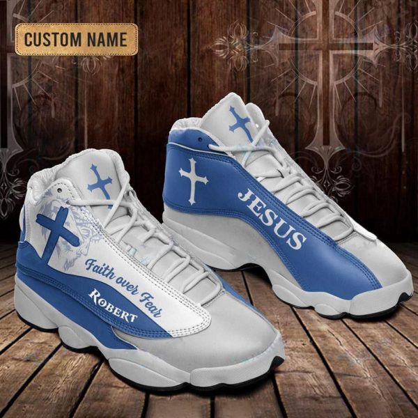 Christian Shoes, Jesus Faith Over Fear Light Blue Custom Name Basketball Shoes For Jesus Lovers