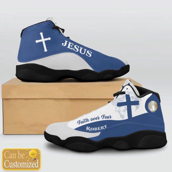 Christian Shoes, Jesus Faith Over Fear Light Blue Custom Name Basketball Shoes For Jesus Lovers