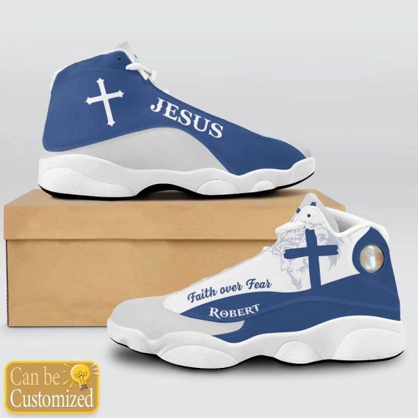 Christian Shoes, Jesus Faith Over Fear Light Blue Custom Name Basketball Shoes For Jesus Lovers