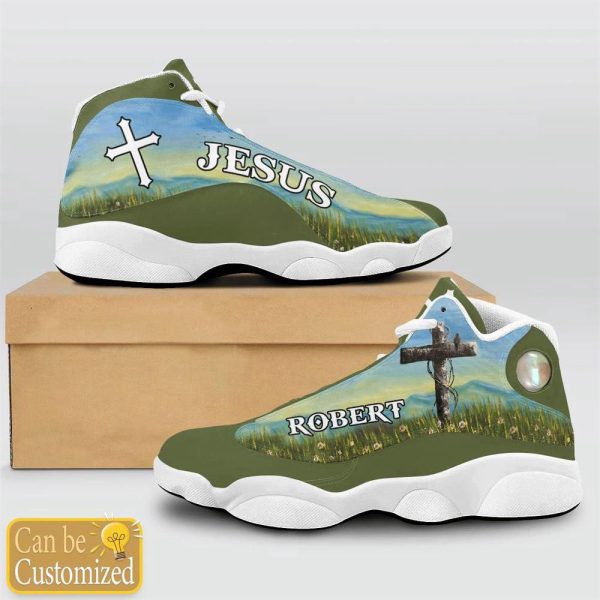 Christian Shoes, Jesus Flower Field Green Custom Name Basketball Shoes For Men Women