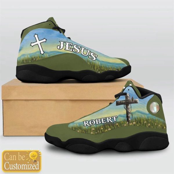 Christian Shoes, Jesus Flower Field Green Custom Name Basketball Shoes For Men Women