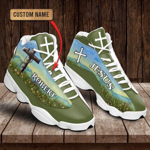 Christian Shoes, Jesus Flower Field Green Custom Name Basketball Shoes For Men Women