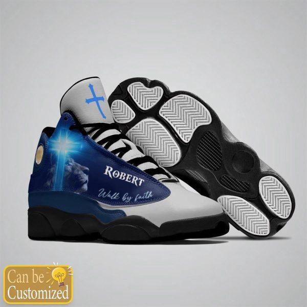 Christian Shoes, Jesus Lion Blue Walk By Faith Custom Name Basketball Shoes For Men Women