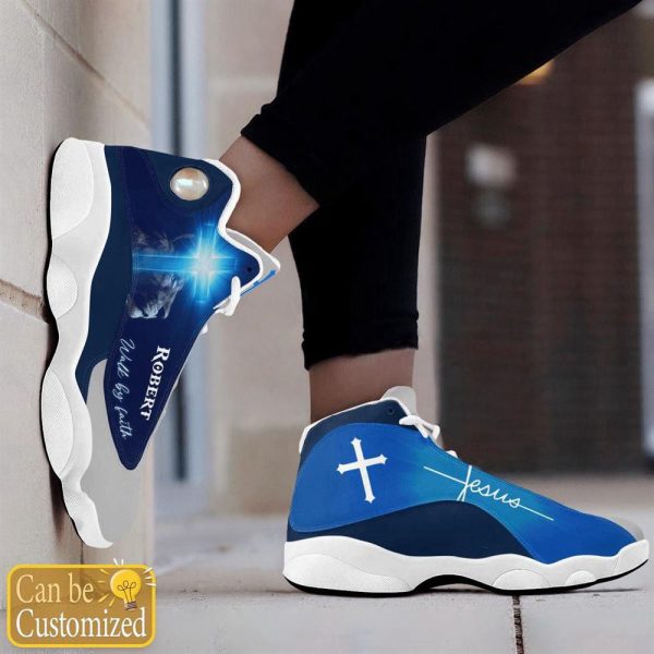 Christian Shoes, Jesus Lion Blue Walk By Faith Custom Name Basketball Shoes For Men Women