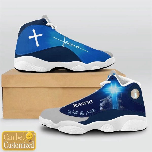 Christian Shoes, Jesus Lion Blue Walk By Faith Custom Name Basketball Shoes For Men Women