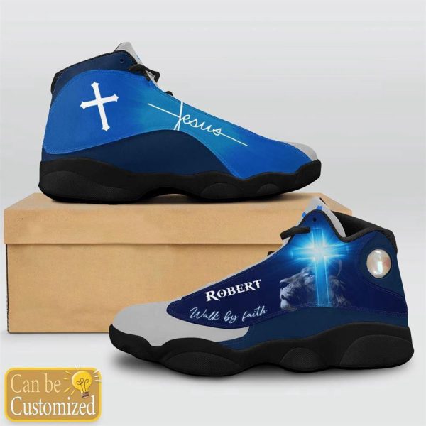 Christian Shoes, Jesus Lion Blue Walk By Faith Custom Name Basketball Shoes For Men Women