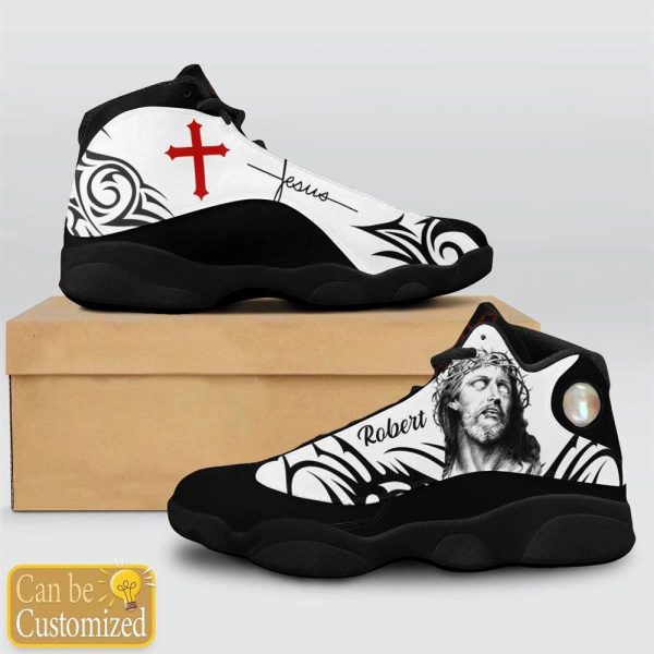 Christian Shoes, Jesus Pattern Custom Name Basketball Shoes Black And White For Men Women