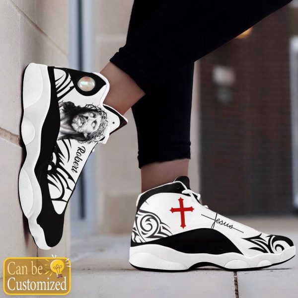 Christian Shoes, Jesus Pattern Custom Name Basketball Shoes Black And White For Men Women