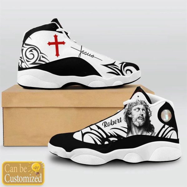 Christian Shoes, Jesus Pattern Custom Name Basketball Shoes Black And White For Men Women