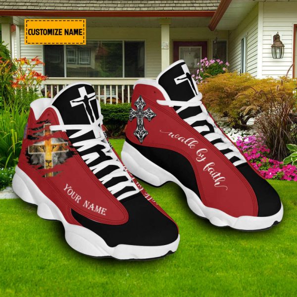 Walk By Faith Lion Of Judah Basketball Shoes With Thick Soles, Red Design, Gift For Jesus Lovers