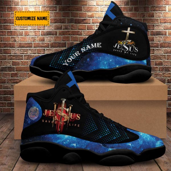 Personalized Jesus Saved My Life Basketball Shoes With Thick Soles, Blue Design, Gift For Jesus Lovers