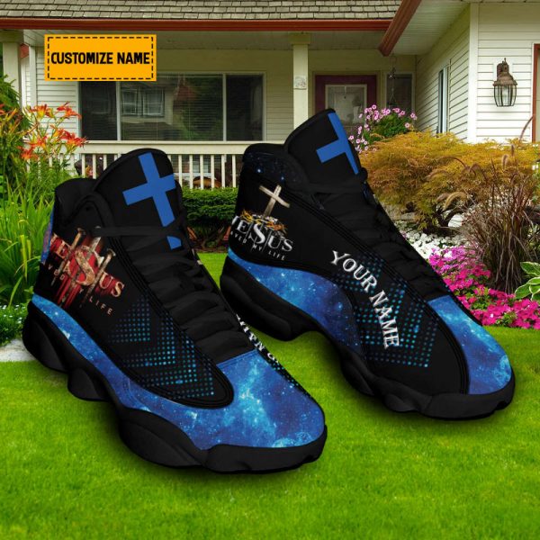 Personalized Jesus Saved My Life Basketball Shoes With Thick Soles, Blue Design, Gift For Jesus Lovers