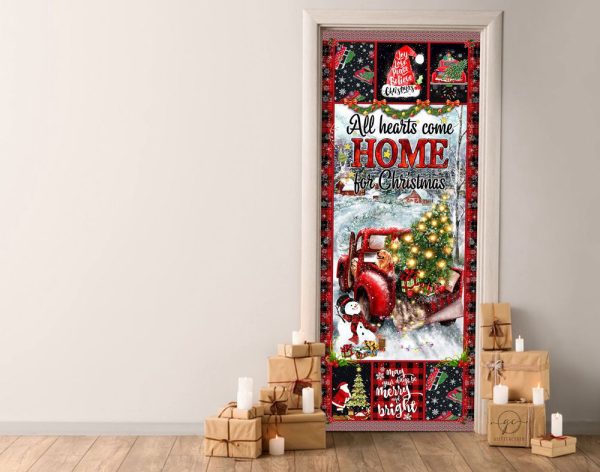 All Hearts Come Home For Christmas Door Cover, Red Truck Christmas Front Decor For Christmas