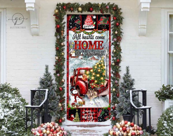 All Hearts Come Home For Christmas Door Cover, Red Truck Christmas Front Decor For Christmas