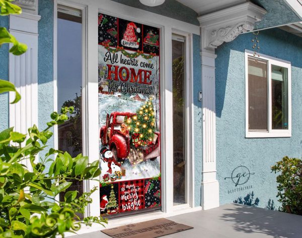 All Hearts Come Home For Christmas Door Cover, Red Truck Christmas Front Decor For Christmas