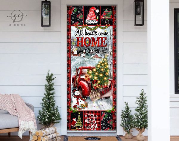 All Hearts Come Home For Christmas Door Cover, Red Truck Christmas Front Decor For Christmas