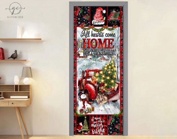 All Hearts Come Home For Christmas Door Cover, Red Truck Christmas Front Decor For Christmas