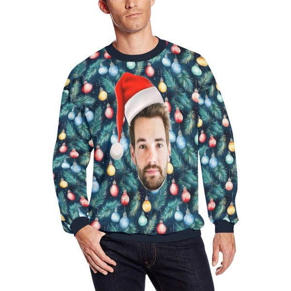 Custom Face Ugly Sweater, Photo Santa Hat Christmas Lights Bad Xmas Print Women Men For Christmas