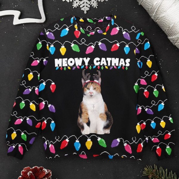 Custom Meowy Catmas Christmas Xmas Led, Personalized Family Photo 3D Sweatshirt, For Cat Lovers
