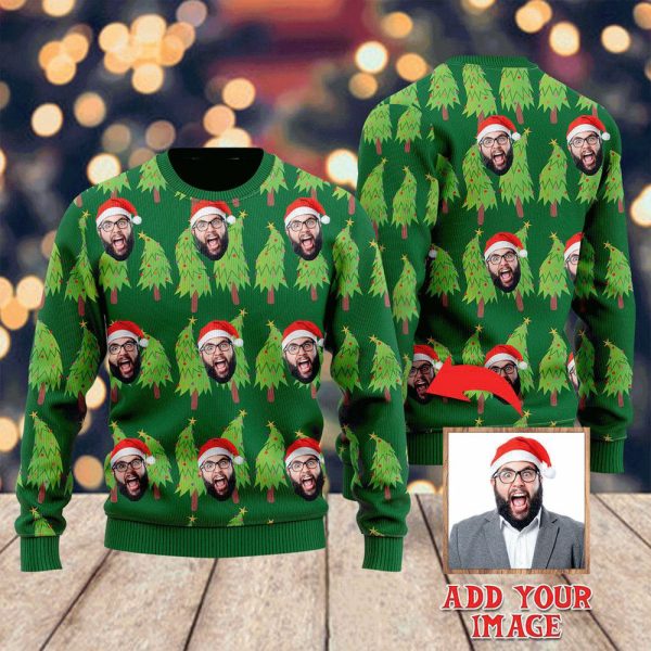 Custom Funny Face Man Wears Christmas Hat Sweater, Family Photo Ugly Sweater For Family