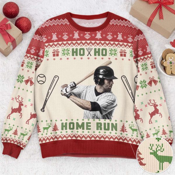 Baseball Ho Ho Home Run, Personalized Photo Ugly Sweater, For Men And Women