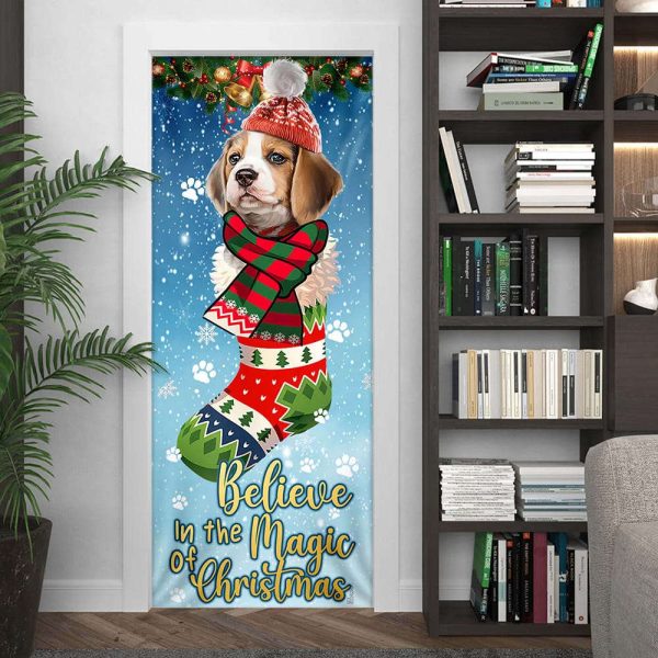 Beagle In Sock Door Cover – Believe In The Magic Of Christmas Door Cover – Gift For Decor