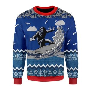 Bigfoot Surfing Blue Ugly Christmas Sweater,…