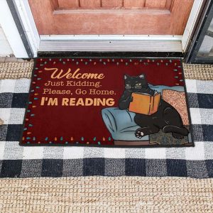 black cat doormat welcome just kidding please go home i m reading door mat funny cat reading welcome mat cat christmas doormat 1.jpeg