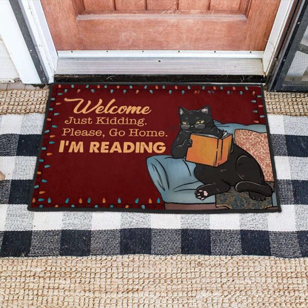 Black Cat Doormat, Please Go Home I’m Reading Door Mat, Gift For Cat Lover