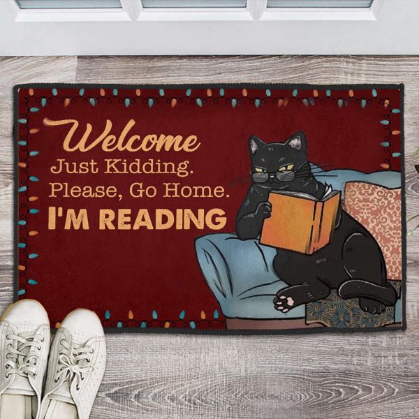 Black Cat Doormat, Please Go Home I’m Reading Door Mat, Gift For Cat Lover