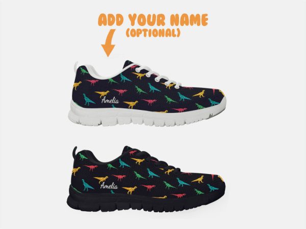Black Dinosaur Shoes Custom Name Shoes Dinosaur Pattern Running Sneakers For Women Men