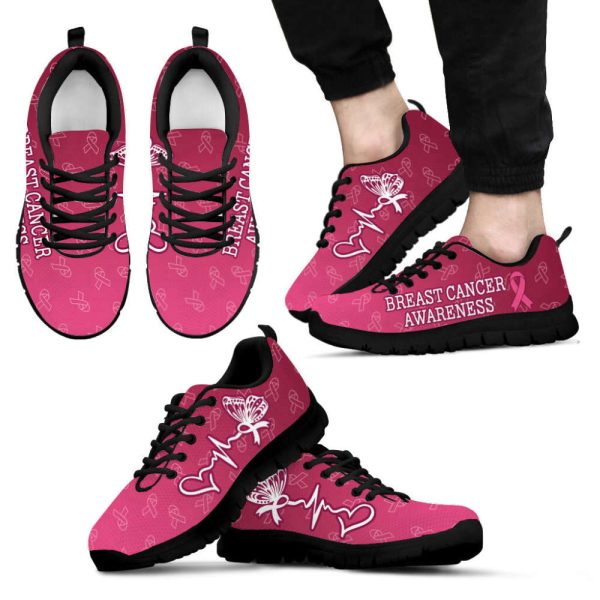 Breast Cancer Awareness Shoes Heartbeat Ribbon Pattern Sneaker Walking Shoes For Men And Women