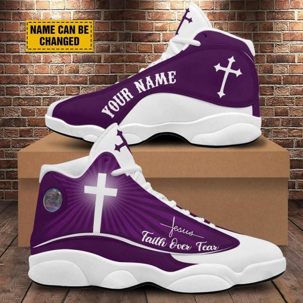 Christian Basketball Shoes, Faith Over Fear Customized Purple Jesus Basketball Shoes For Men Women