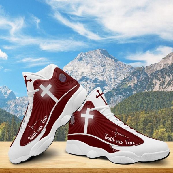 Christian Basketball Shoes, Faith Over Fear Jesus Basketball Shoes Red Design For Men Women