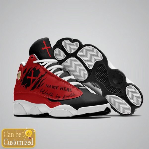 Christian Shoes, Black Red Walk By Faith Jesus Custom Name Basketball Shoes For Men Women