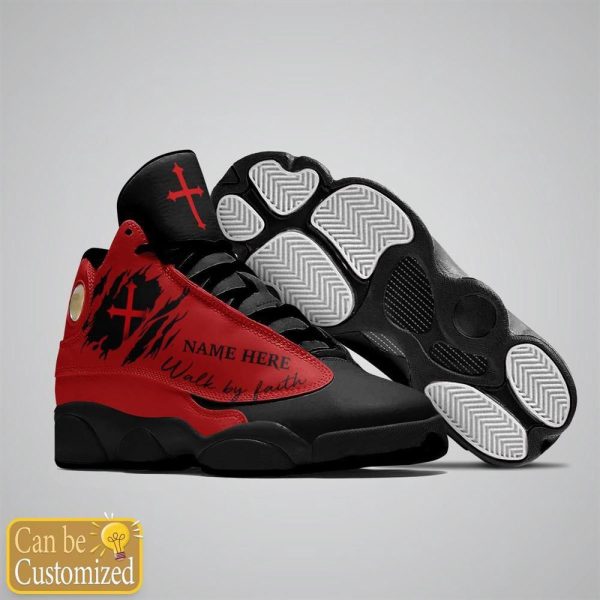 Christian Shoes, Black Red Walk By Faith Jesus Custom Name Basketball Shoes For Men Women