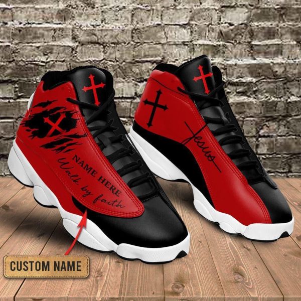 Christian Shoes, Black Red Walk By Faith Jesus Custom Name Basketball Shoes For Men Women