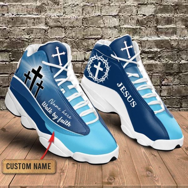 Christian Shoes, Blue Cross Walk By Faith Jesus Custom Name Basketball Shoes For Men Women