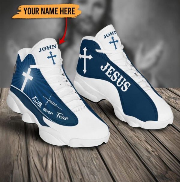 Christian Shoes, Faith Over Fear Personalized Blue Basketball Shoes For Men Women