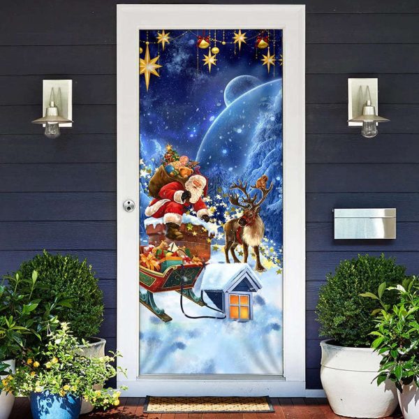 Christmas Door Cover Santa Claus climbing down The Chimney, Gift For Christmas