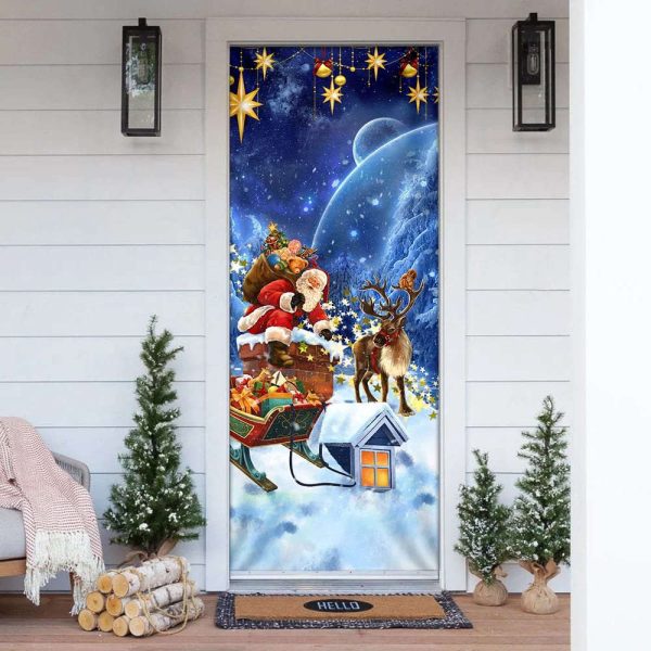 Christmas Door Cover Santa Claus climbing down The Chimney, Gift For Christmas