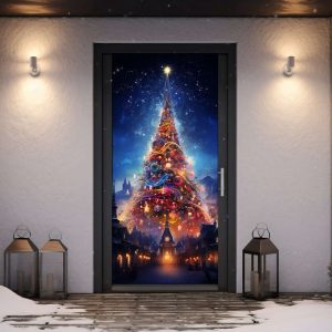 christmas theme for front door cover fairytale christmas tree with balls for door fabric banner christmas holiday door mural for home 1.jpeg