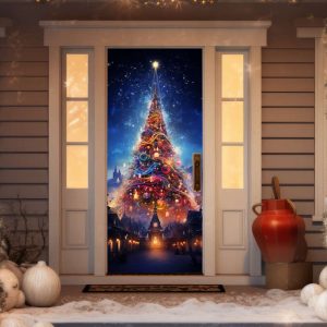 christmas theme for front door cover fairytale christmas tree with balls for door fabric banner christmas holiday door mural for home.jpeg