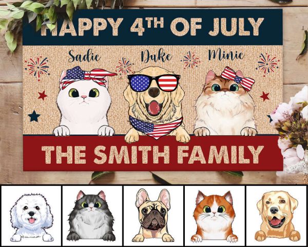 4th of July Doormat, Custom Family Name Doormat, Housewarming Gift For Cat Lover