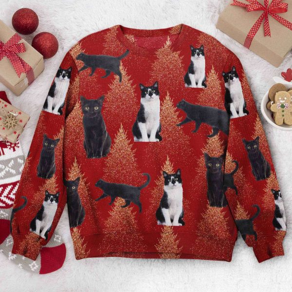 Custom Photo Black Cats Family, Pets, Friend Red Christmas, Personalized Photo Ugly Sweater, For Men And Women